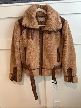 dh NEW YORK Tan Sherpa Puffer Jacket with Brown Trim Accents